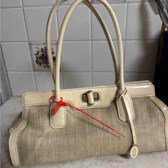 Tod's Handbags - Authentic vintage Tod's Cream and Beige Shoulder Bag with Gloss Trim